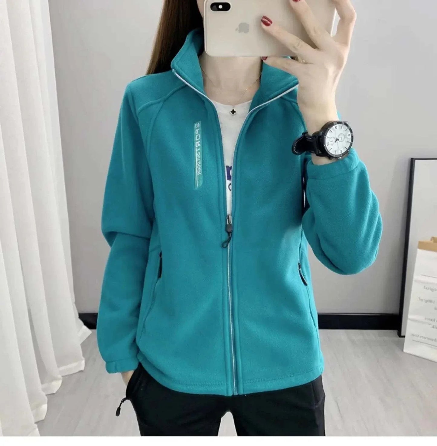 Plus size women's fleece coat for winter and spring, warm and casual sportswear for outdoor activities.