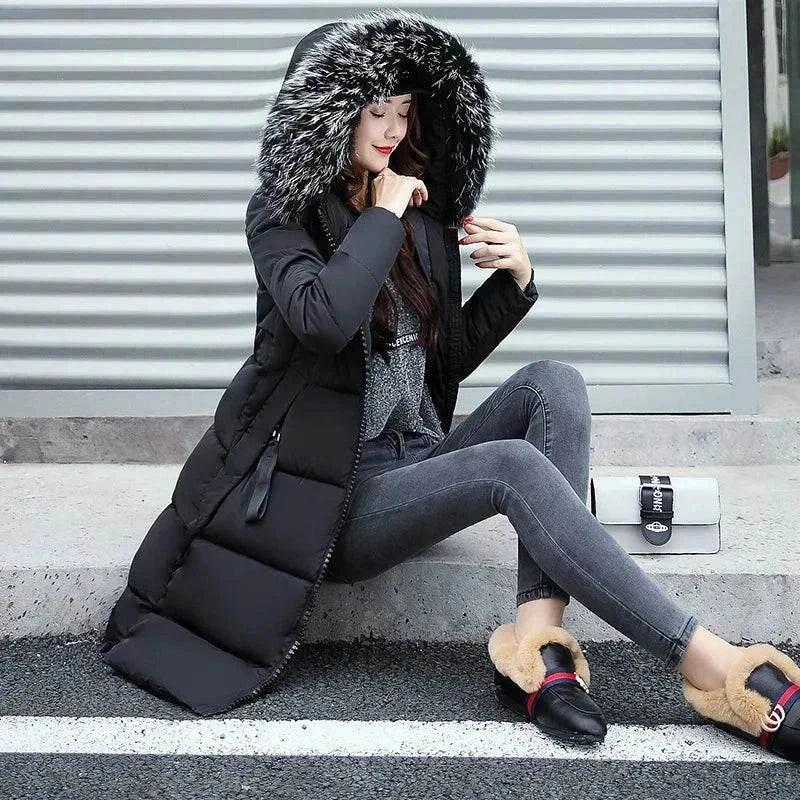 Winter fashion jacket for women with fur collar, hoodie parkas, casual zipper, ladies' bubble puffer coat.