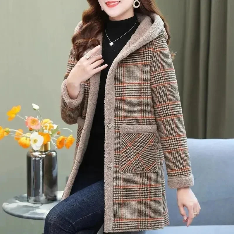 Add Velvet Plaid Coat for Women