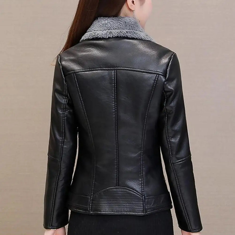 Plush Lapels Faux Leather Jacket for Women