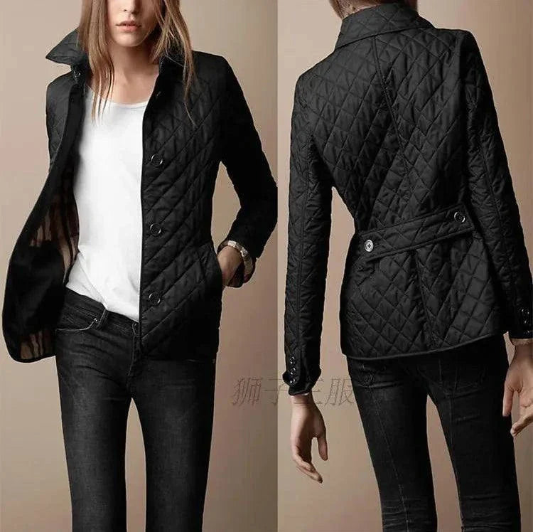 Quilted winter coat for women, elegant single-breasted jacket with turn-down collar, in black.