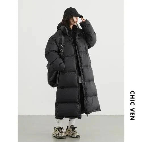 Women's long down coat, thick and warm, casual loose fit for autumn/winter 2023.