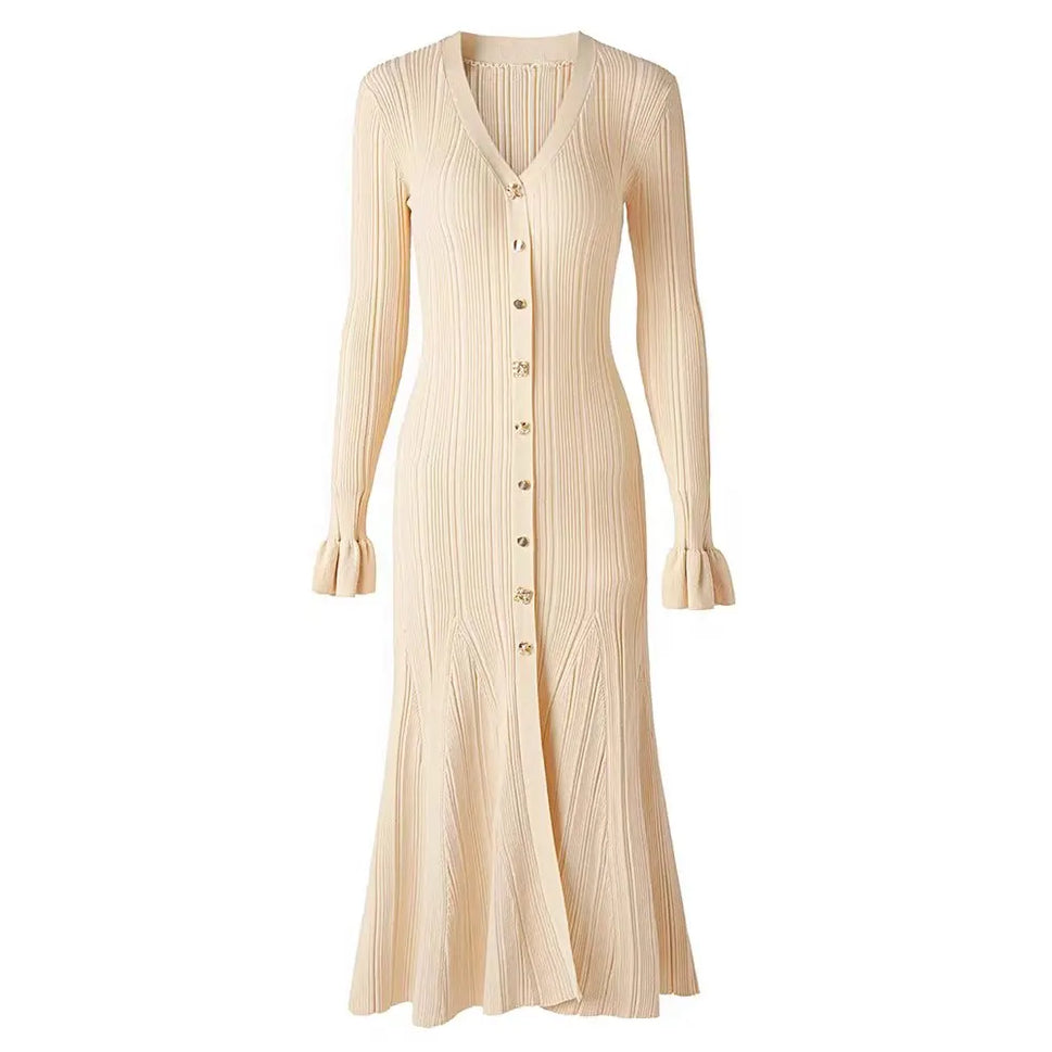 New Autumn Winter Women's V Neck Knitted Long Sleeve Dress