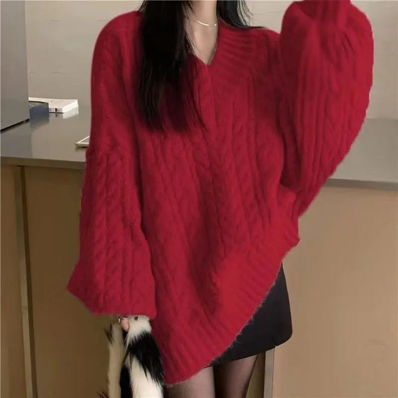 Autumn Winter Oversized V-Neck Knitted Sweater