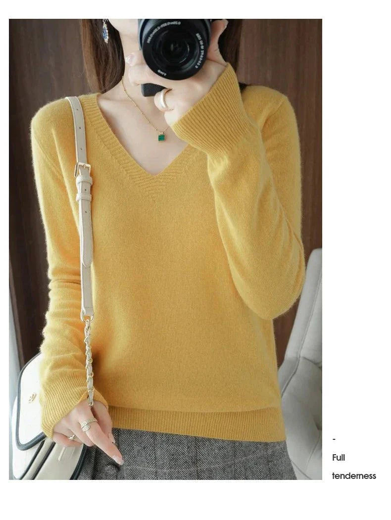 Cashmere women's V-neck pullover sweater, long sleeve, casual knit design, yellow.