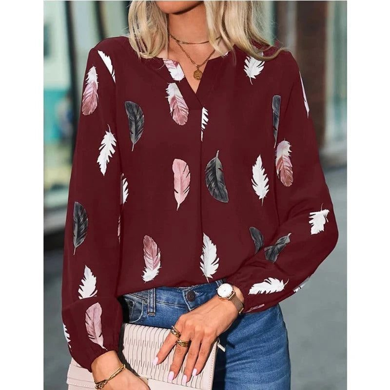 Elegant Feather Pattern Chiffon Blouse for Women