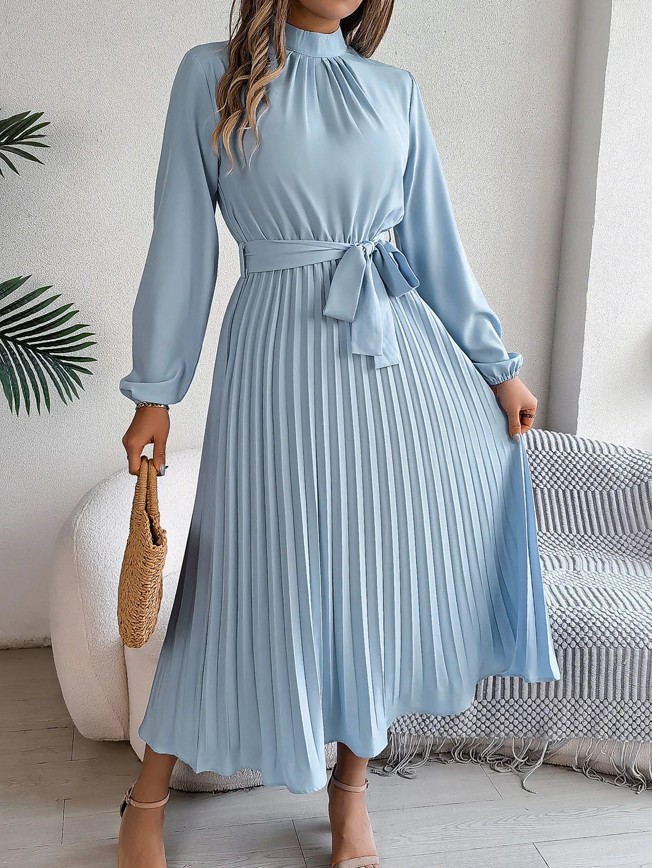 Elegant Stand-Up Collar Pleated Long Dress