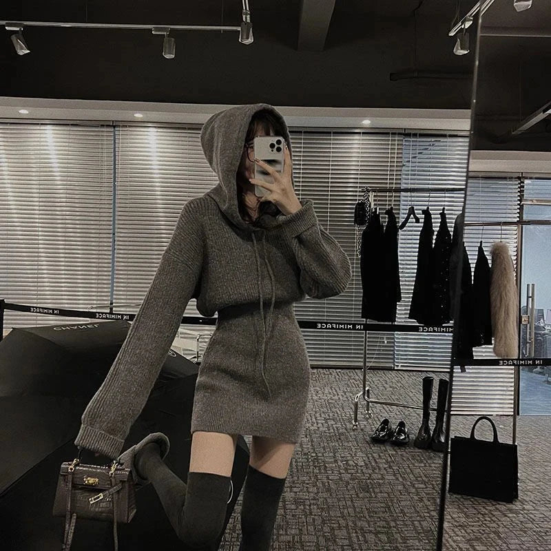 MEXZT Hooded Knitted Mini Dress – Winter Streetwear