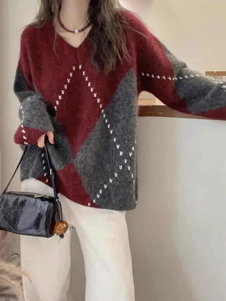 Jmprs Argyle Vintage Sweaters for Women - Cozy Korean Design