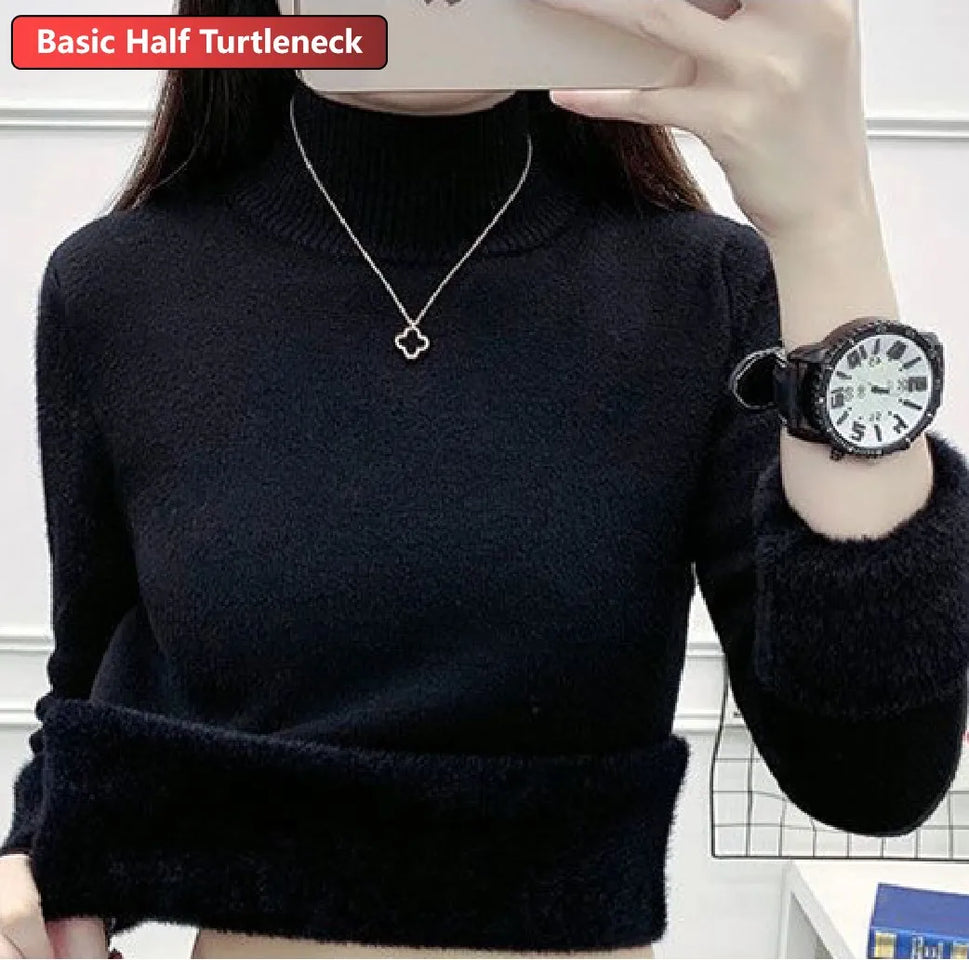 Elegant Velvet Lined Turtleneck Sweater for Women