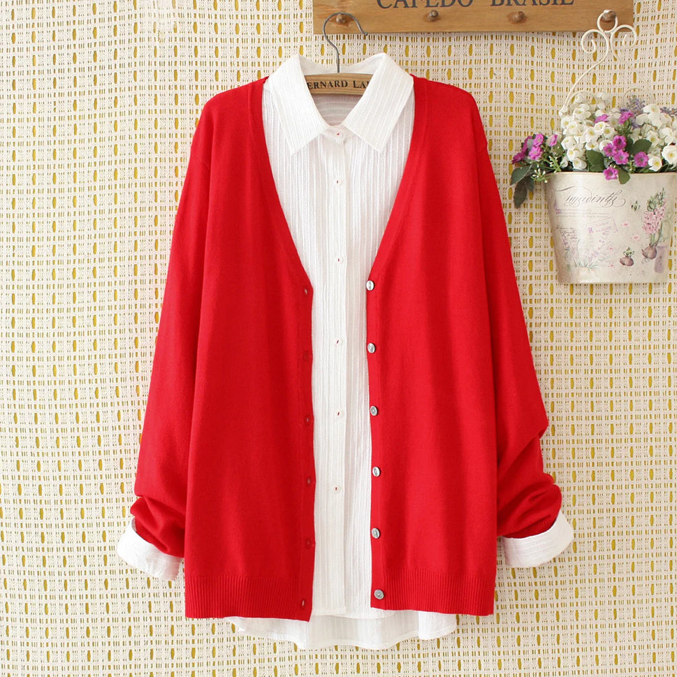 Plus Size V-Neck Long Sleeve Knitted Cardigan