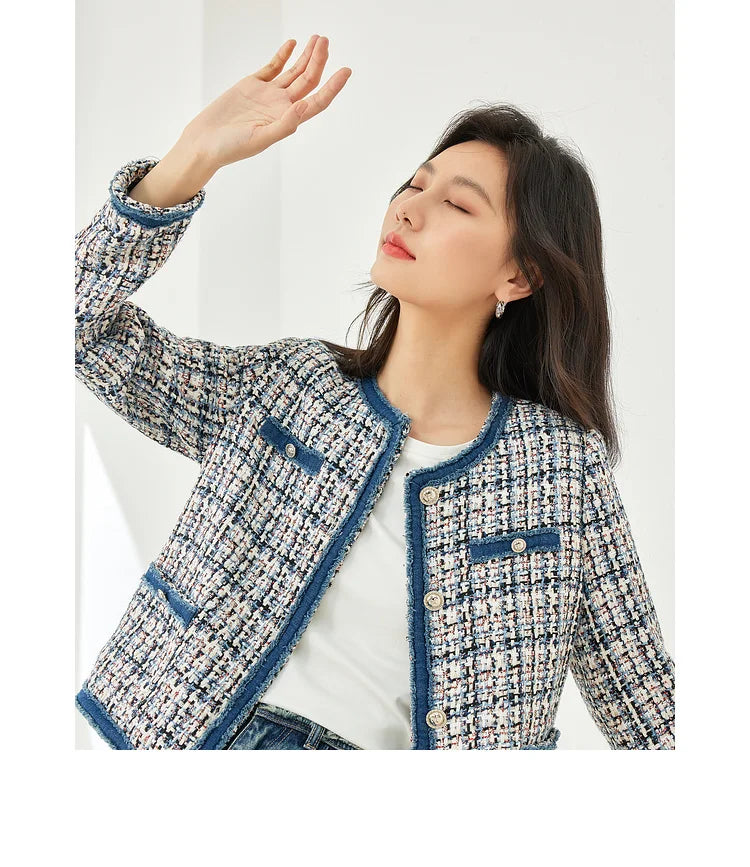 Vimly Plaid Tweed Cropped Jacket for Women