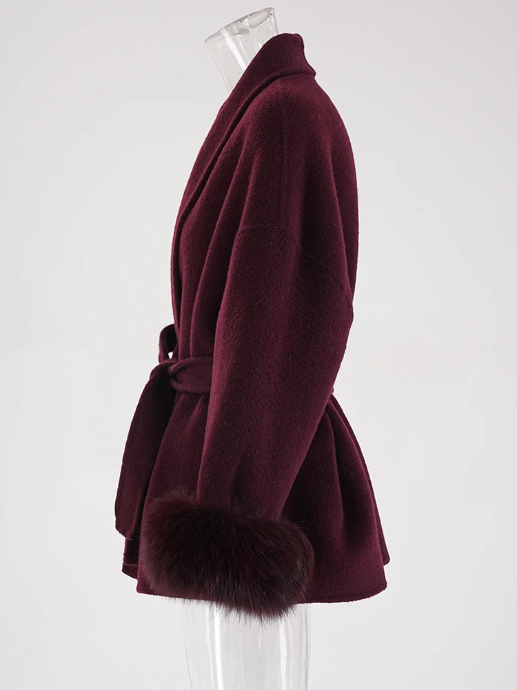 ZMEENNA Wine Red Fur Cuff Belted Woolen Coat for Women