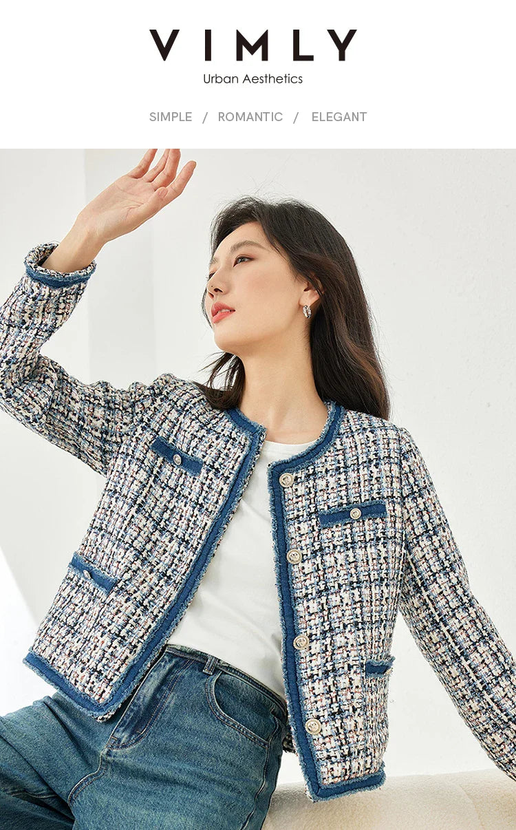 Vimly Plaid Tweed Cropped Jacket for Women