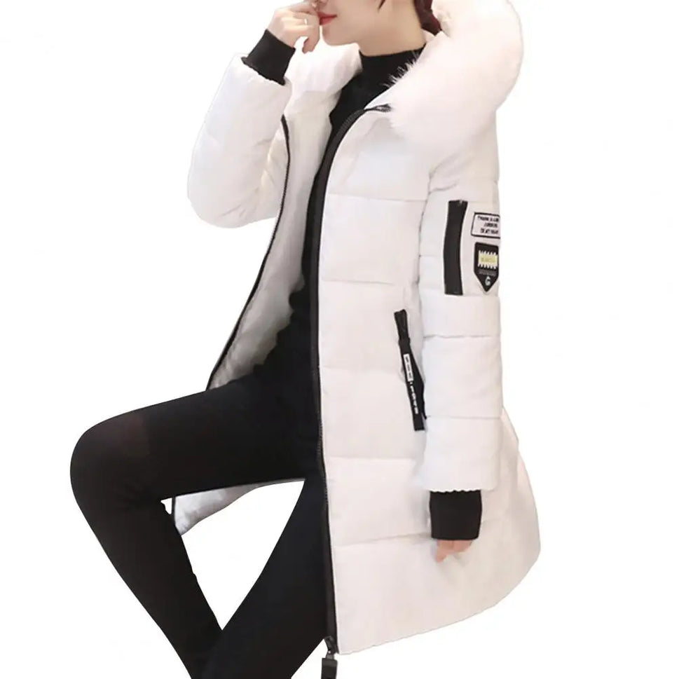 Women's Winter Coat with Fur Neckline - Thick Cotton Parka