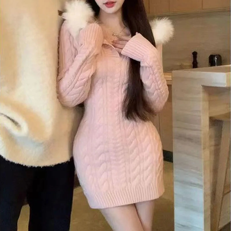 Elegant Christmas Red Hooded Sweater Dress