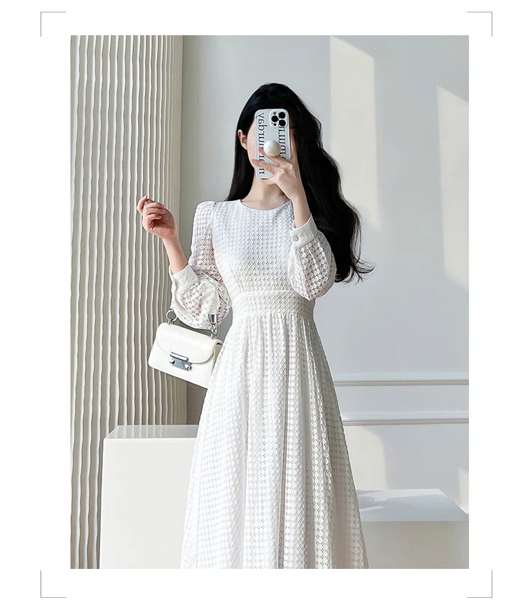 Elegant Lace Long Sleeve White Midi Dress