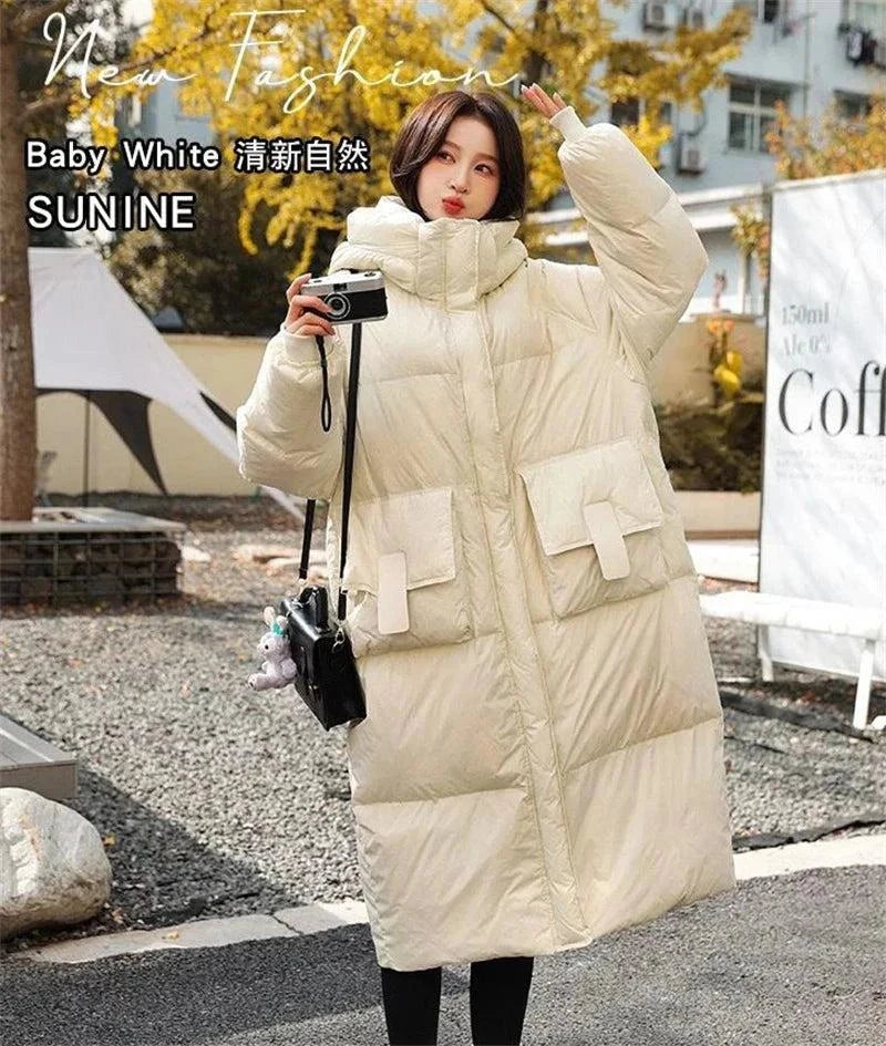 2024 Korean long puffer jacket, full coverage, warm cotton blend, modern design.