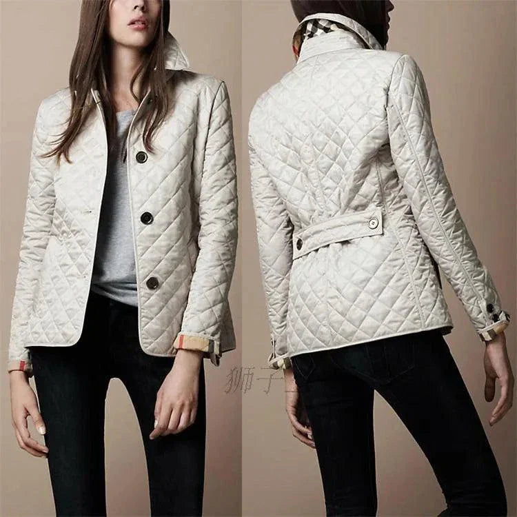 Quilted winter coat for women with single-breasted design and turn-down collar.