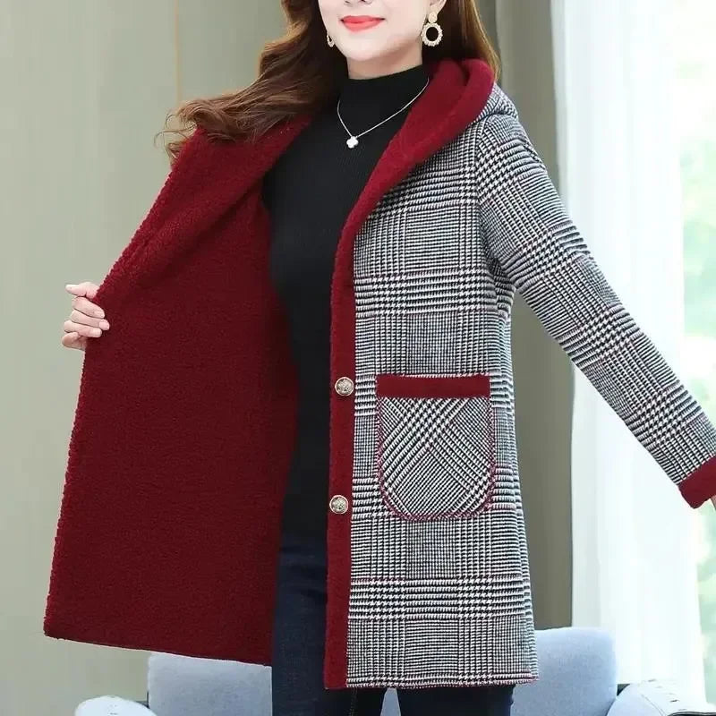 Add Velvet Plaid Coat for Women