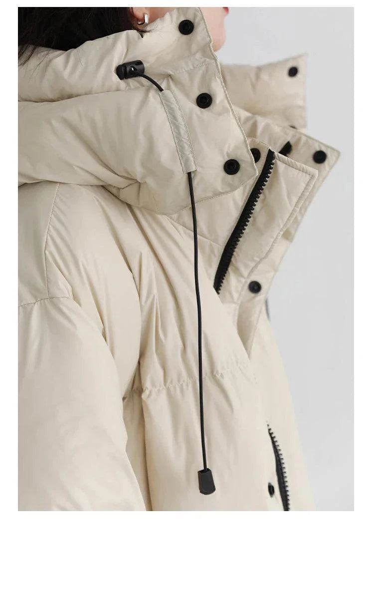 Women's down coat with detachable hood, thick and warm, Korean loose fit design.