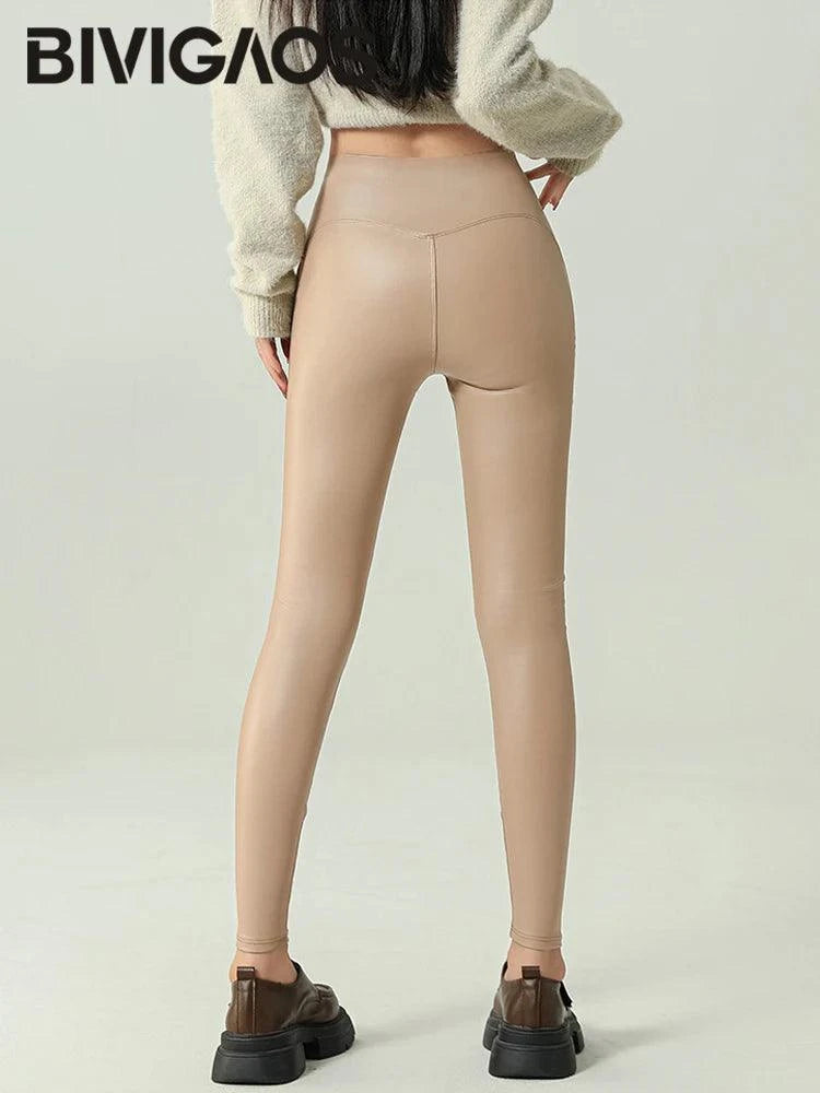 Fall Winter High-Grade Fleece PU Leather Leggings