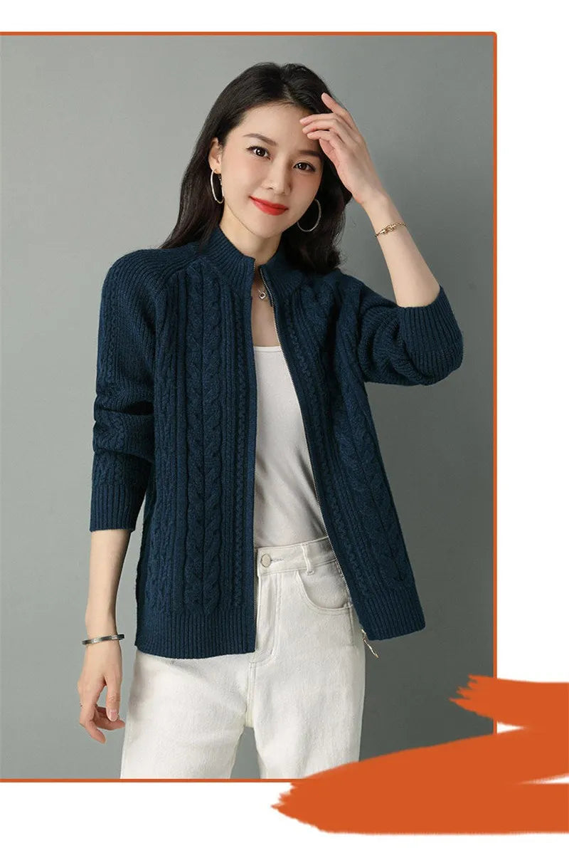 Half High Collar Zipper Knitted Cardigan Jacket for Women