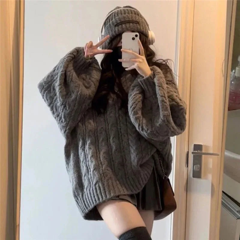 Autumn Winter Oversized V-Neck Knitted Sweater