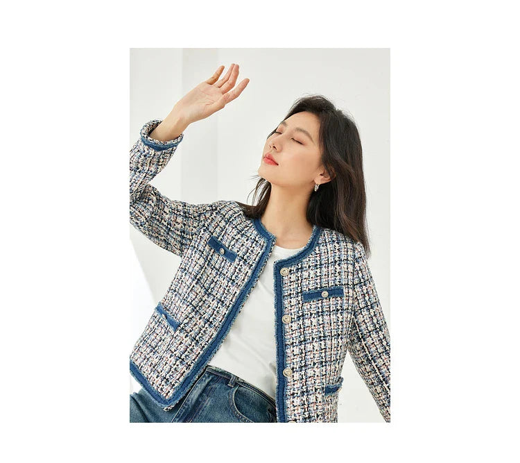 Vimly Plaid Tweed Cropped Jacket for Women