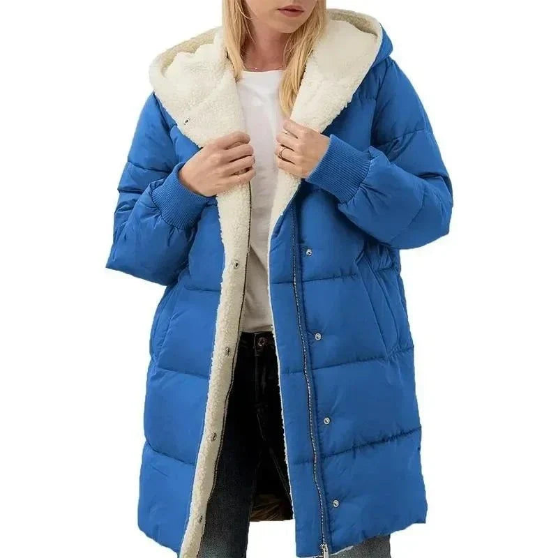 Women's blue hooded double-sided velvet fleece parka with cotton padding, stylish winter coat.