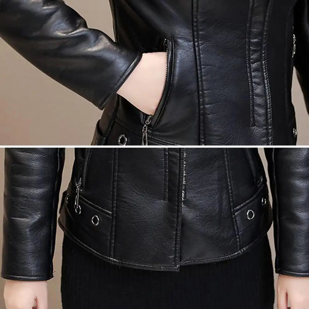 Plush Lapels Faux Leather Jacket for Women