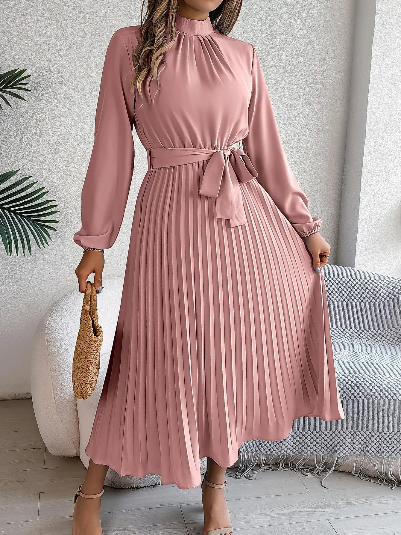 Elegant Stand-Up Collar Pleated Long Dress