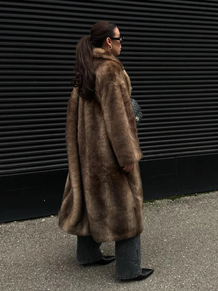 Dark Brown Faux Fur Long Overcoat for Women