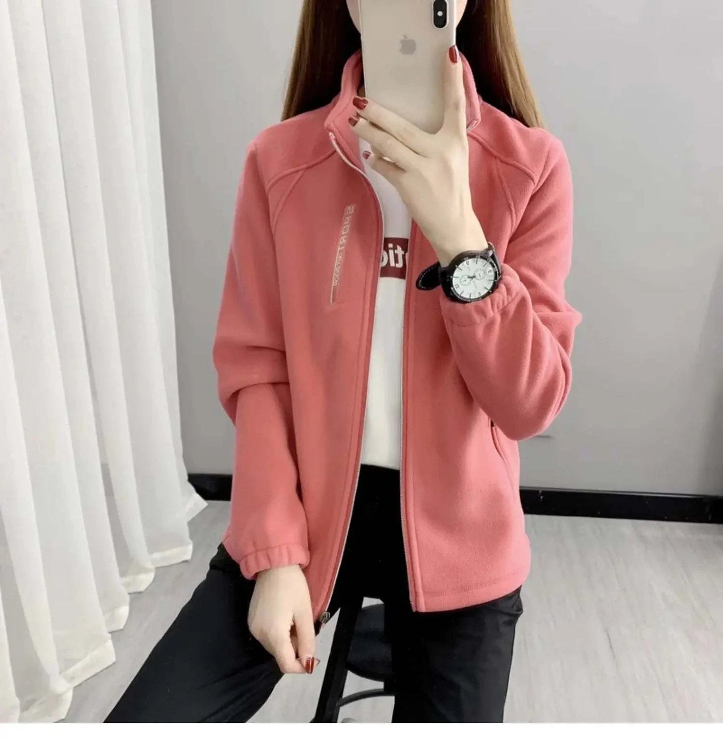 Plus size pink fleece coat for women, ideal for winter and spring outdoor activities like hiking and jogging.