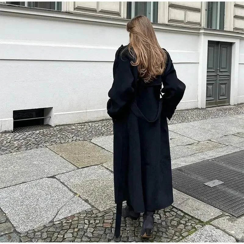 Elegant Black Woolen Long Coat with Belt