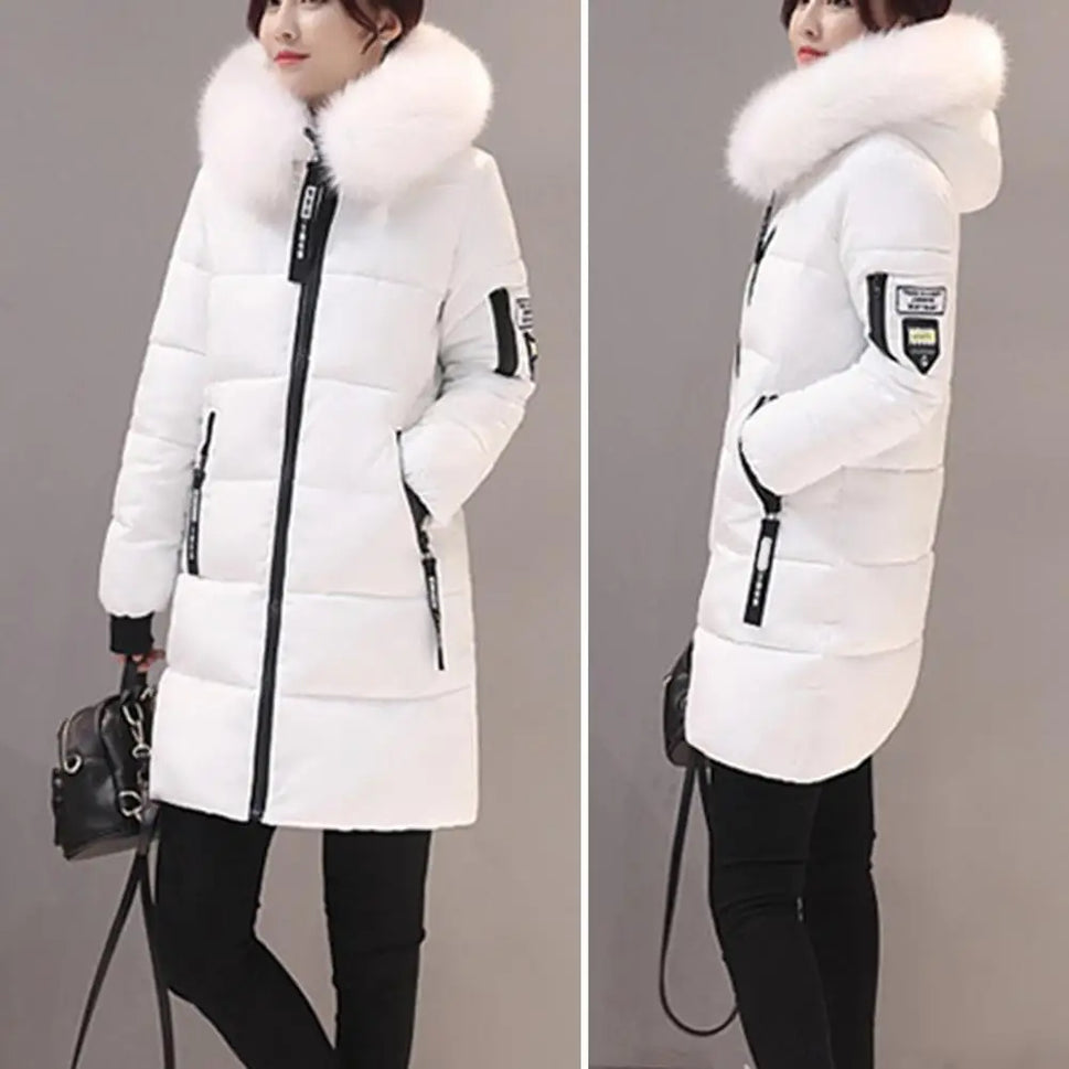 Women's Winter Coat with Fur Neckline - Thick Cotton Parka