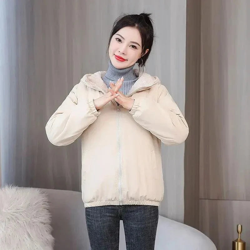 Women's Winter Fleece Hooded Jacket - Cozy cotton-plush coat for stylish, warm, windproof comfort.