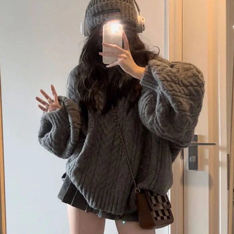 Autumn Winter Oversized V-Neck Knitted Sweater