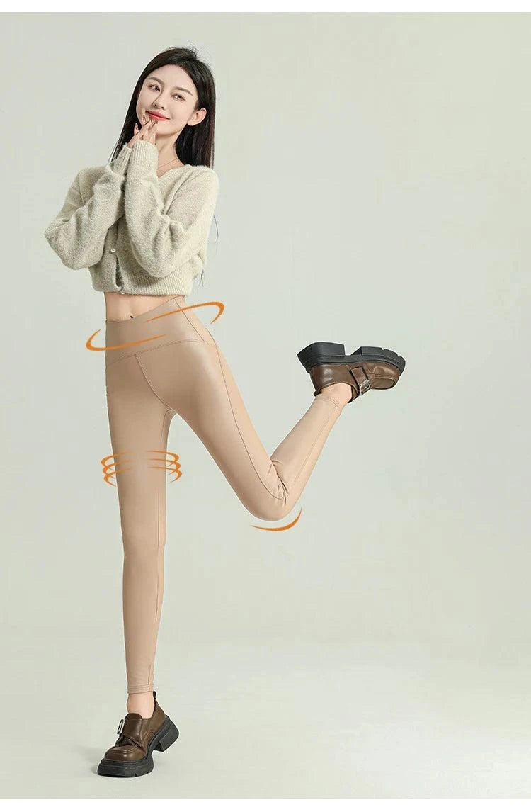 Fall Winter High-Grade Fleece PU Leather Leggings