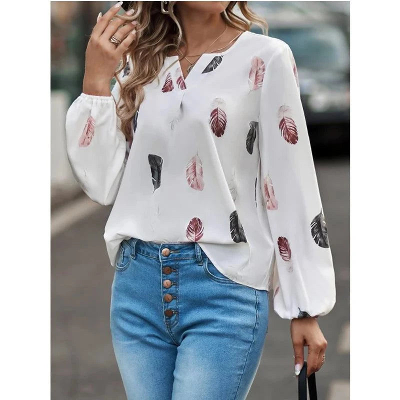 Elegant Feather Pattern Chiffon Blouse for Women