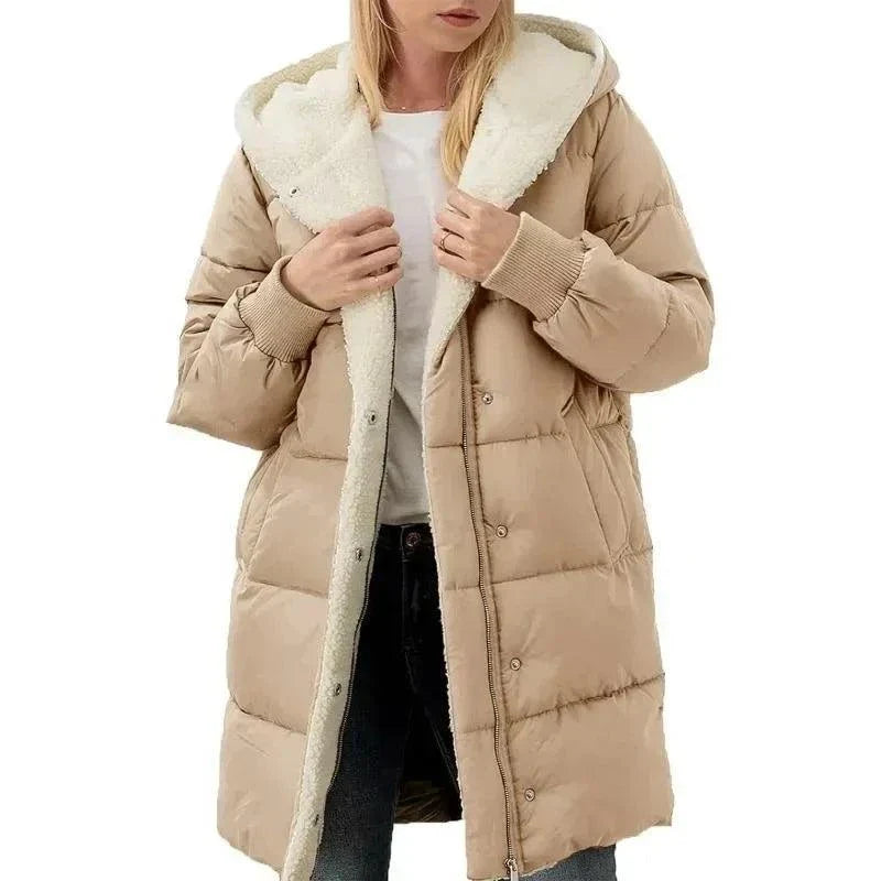 Cotton-padded double-sided velvet fleece long parka for women, hooded slim-fit design, winter coat with full-length zipper and pockets.