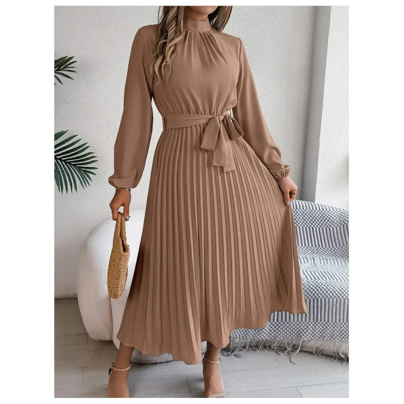 Elegant Stand-Up Collar Pleated Long Dress