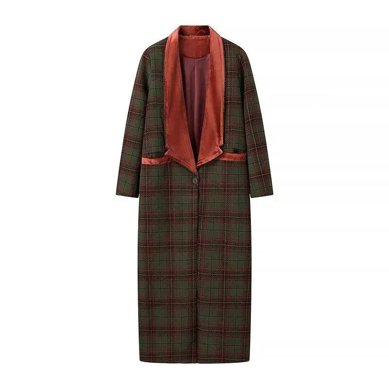 Women's fashion colorful plaid woolen overcoat with patchwork design and turn-down collar.