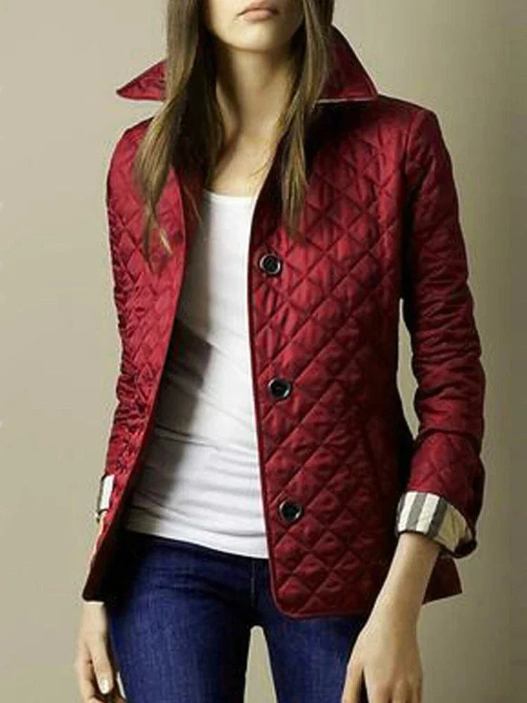 Quilted winter coat for women, single-breasted jacket with turn-down collar.