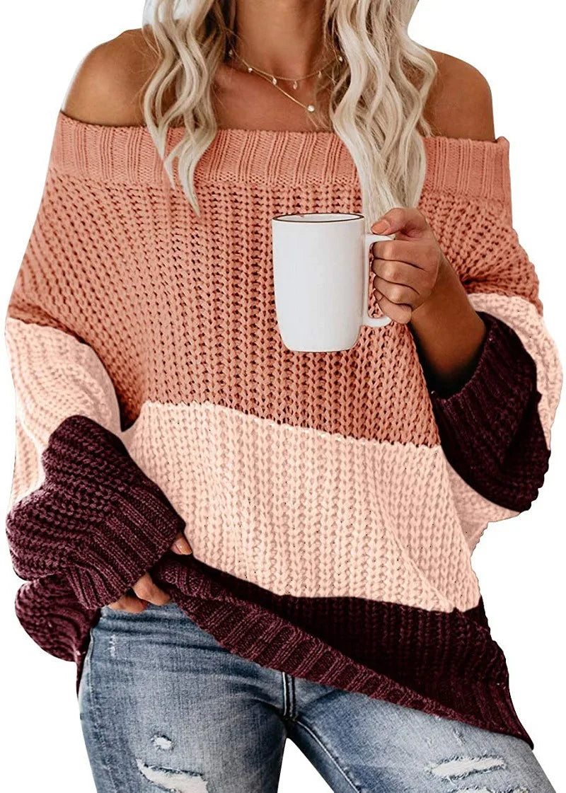 Off Shoulder Color Block Knit Sweater for Women