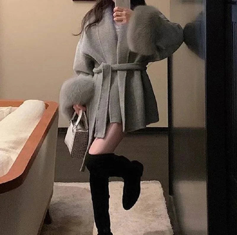 Winter New Loose Fit Lazy Style Chic Fashion V-neck Blend Coat