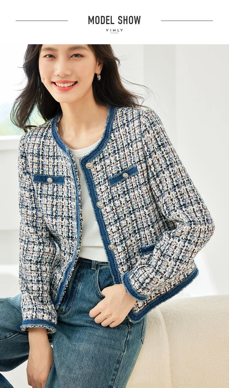 Vimly Plaid Tweed Cropped Jacket for Women