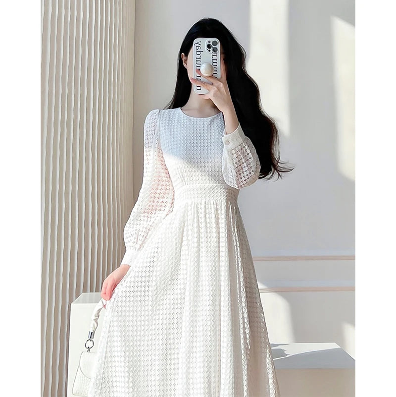 Elegant Lace Long Sleeve White Midi Dress