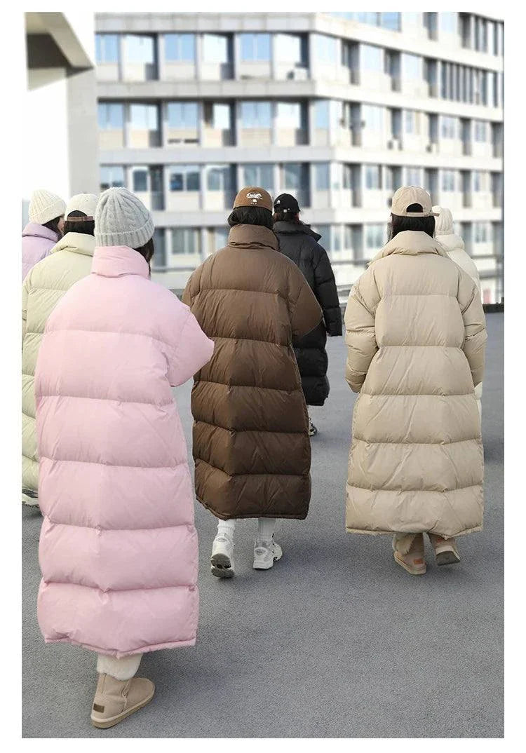 Women's long down coats, cozy autumn winter jackets, casual loose fit, various colors.