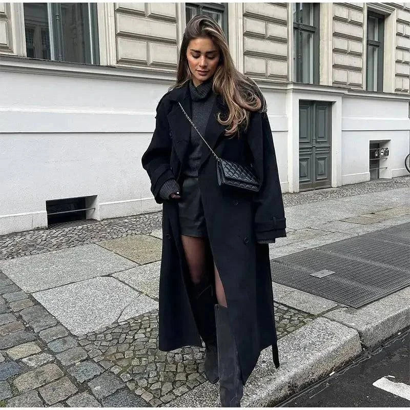 Elegant Black Woolen Long Coat with Belt